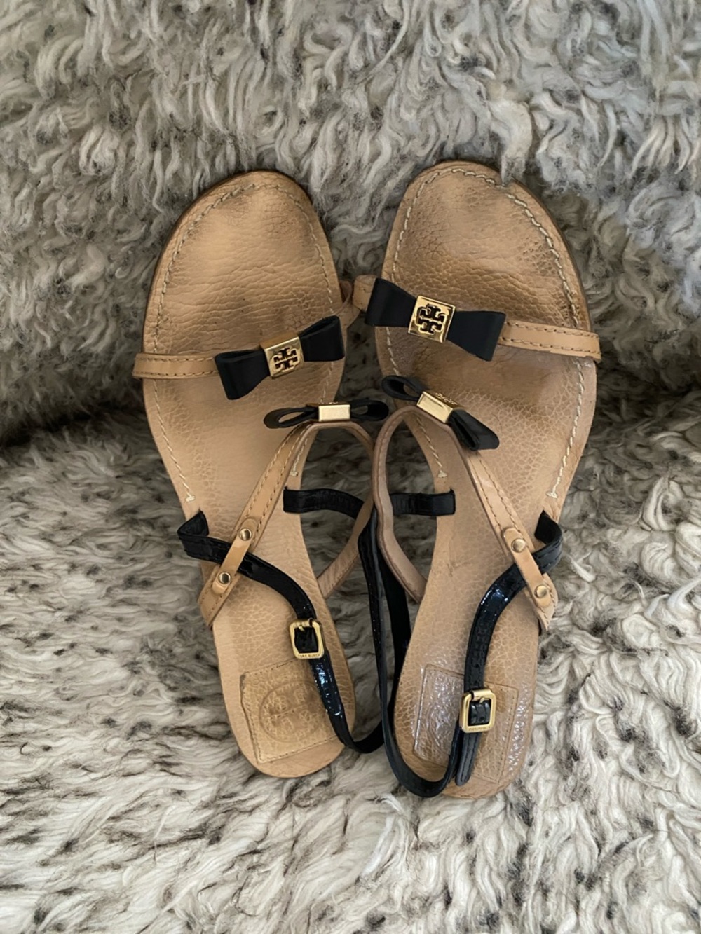 Tory Burch Tan and Black Bow T-Strap Sandals